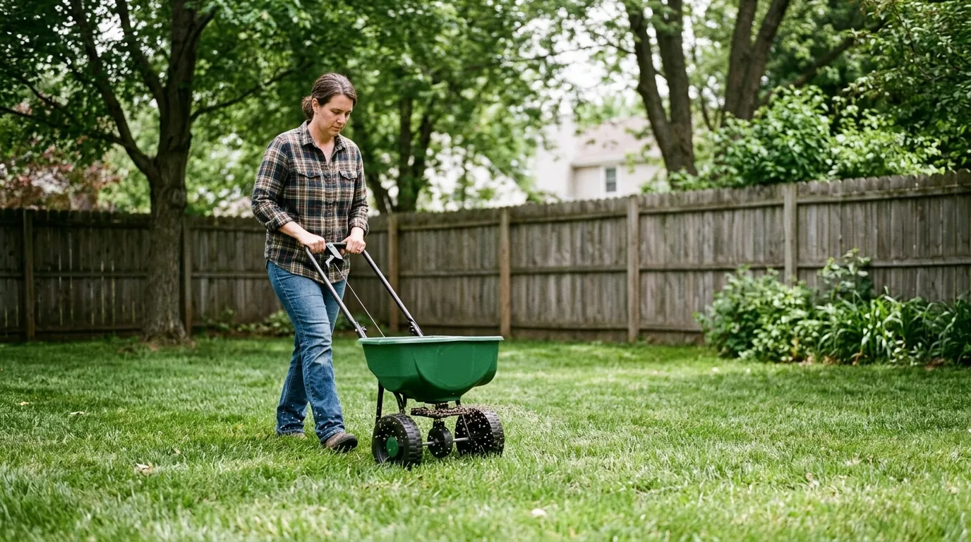 Applying flea-control granules to the lawn Applying flea-control granules to the lawn