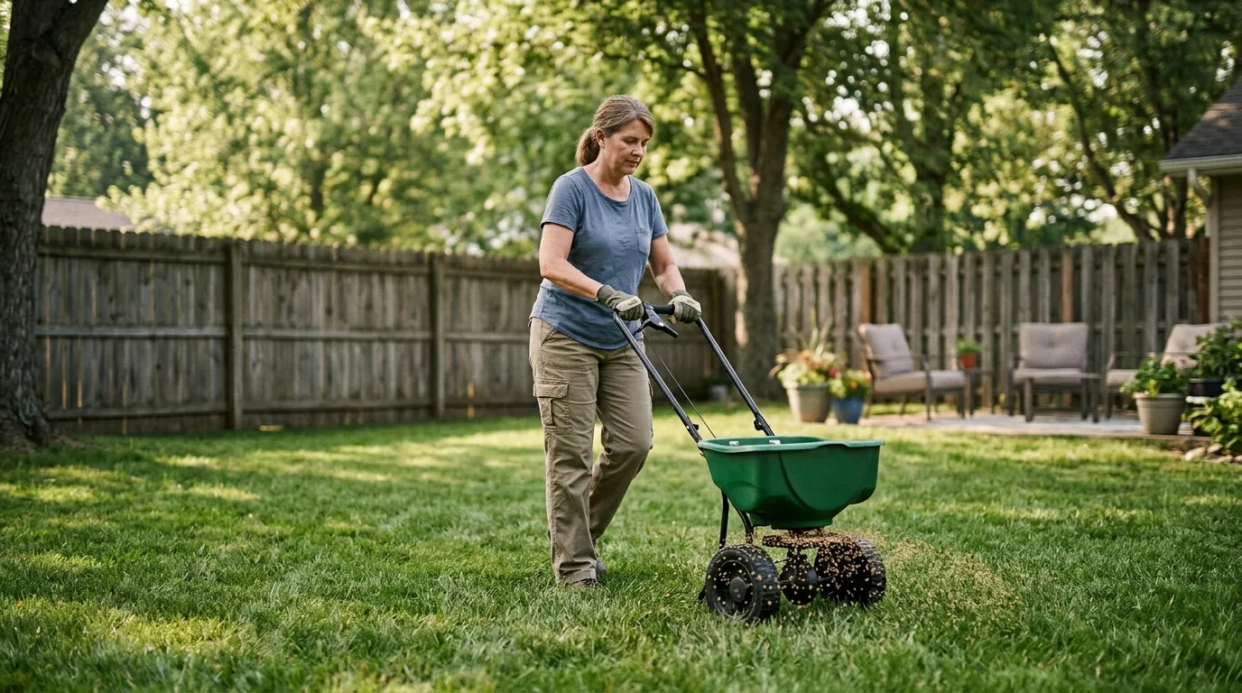 Spreading flea-control granules across the lawn Spreading flea-control granules across the lawn