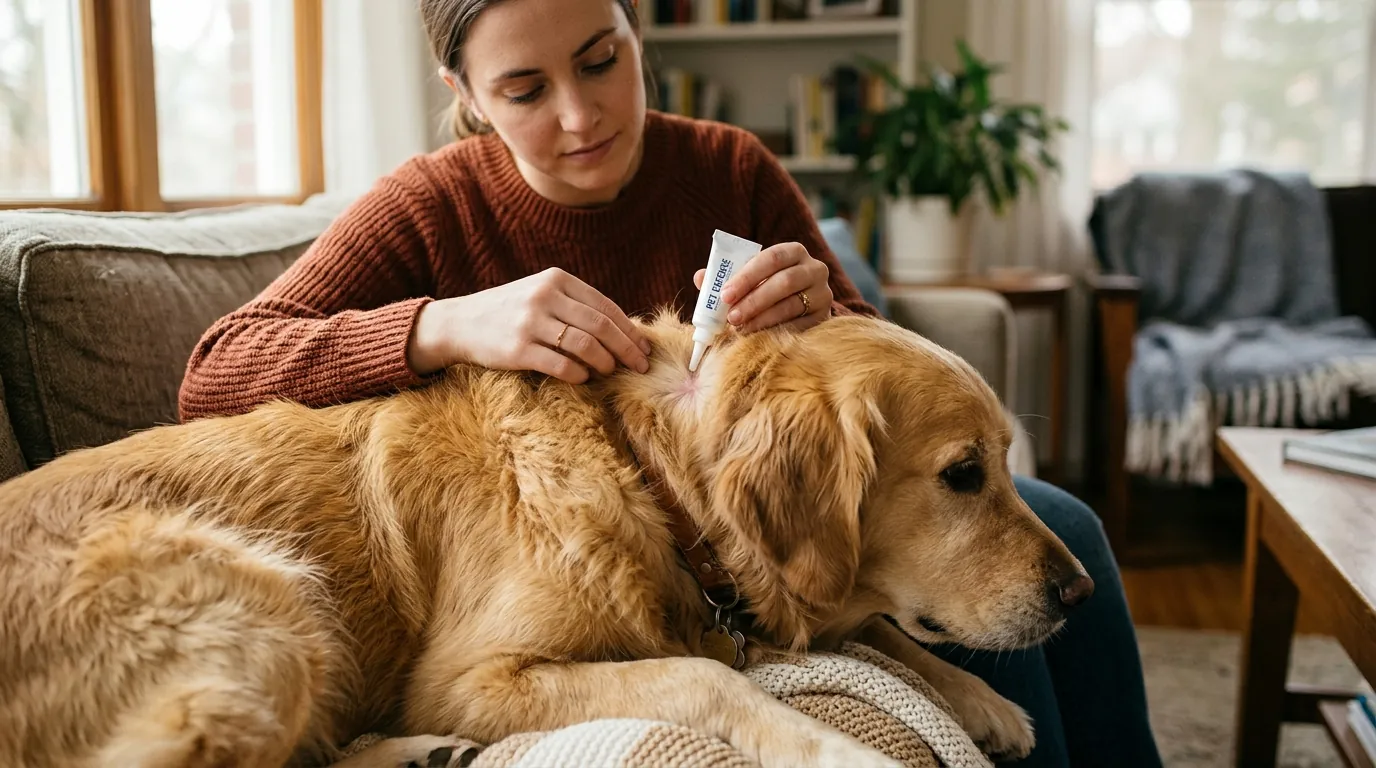 Applying spot-on flea treatment to a dog Applying spot-on flea treatment to a dog
