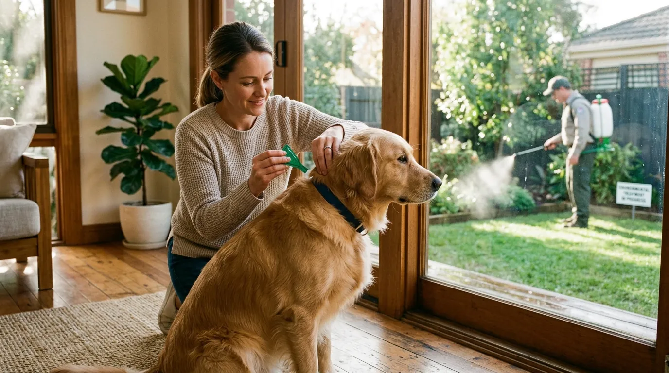 Parting a dog's fur to apply spot-on flea treatment Parting a dog's fur to apply spot-on flea treatment