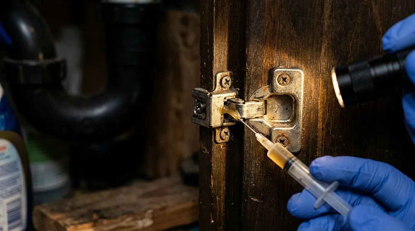 Applying cockroach gel bait into a cabinet crack Applying cockroach gel bait into a cabinet crack