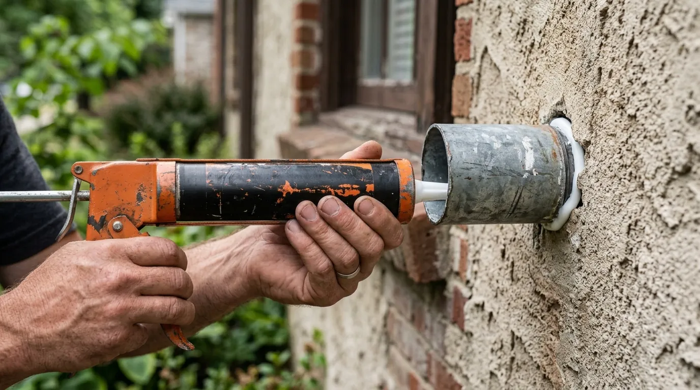 Caulking a wall crack to block insect entry points Caulking a wall crack to block insect entry points