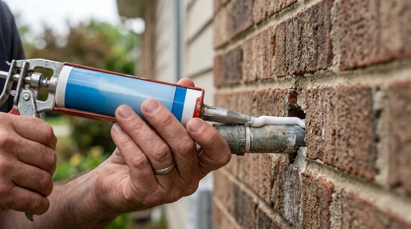 Applying white silicone caulk to seal an entry gap Applying white silicone caulk to seal an entry gap