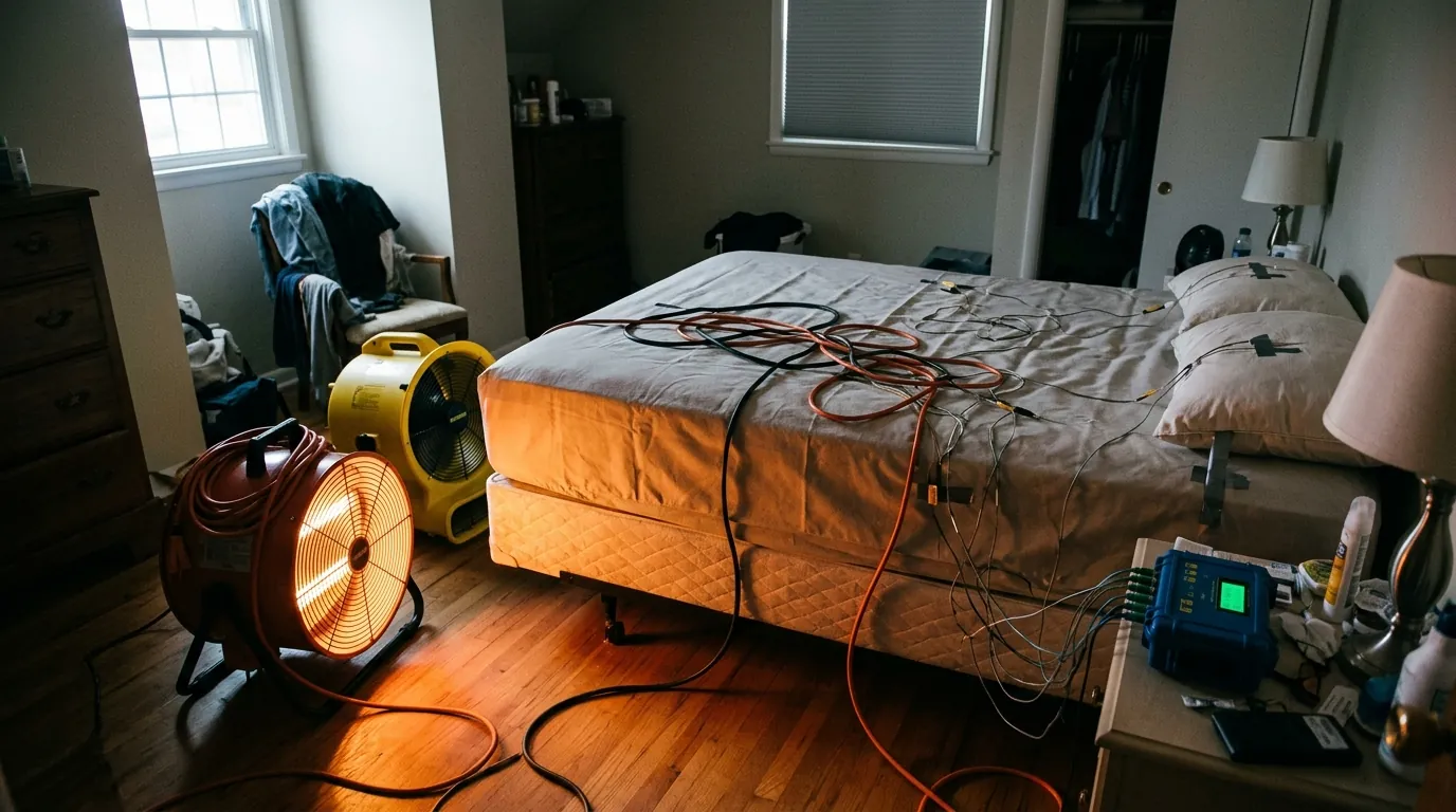 A bed bug heat-treatment unit running in a bedroom A bed bug heat-treatment unit running in a bedroom