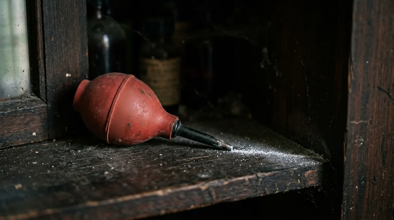 Boric acid powder dusted inside a kitchen cabinet