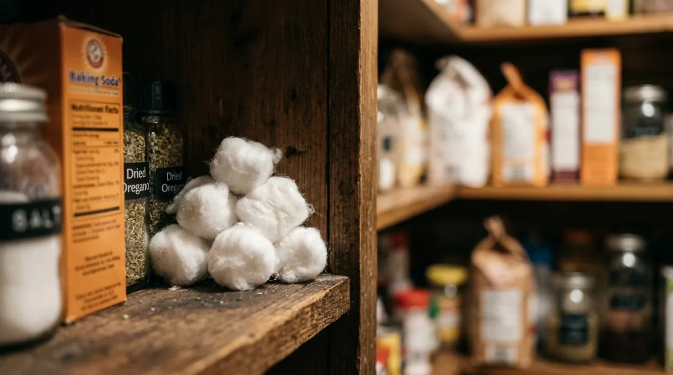 Essential-oil cotton balls placed on a pantry shelf