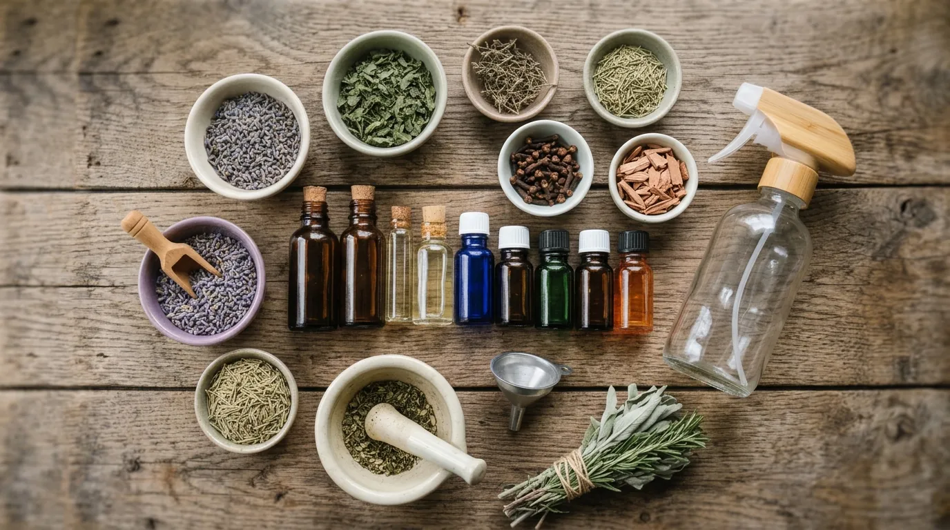 Essential-oil bottles and herbs for natural pest control