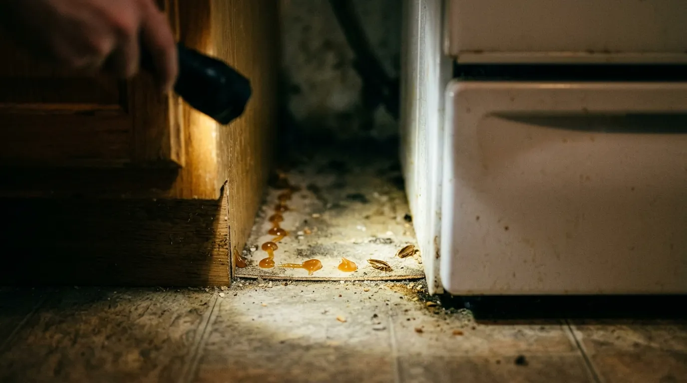 A flashlight revealing a roach harborage gap