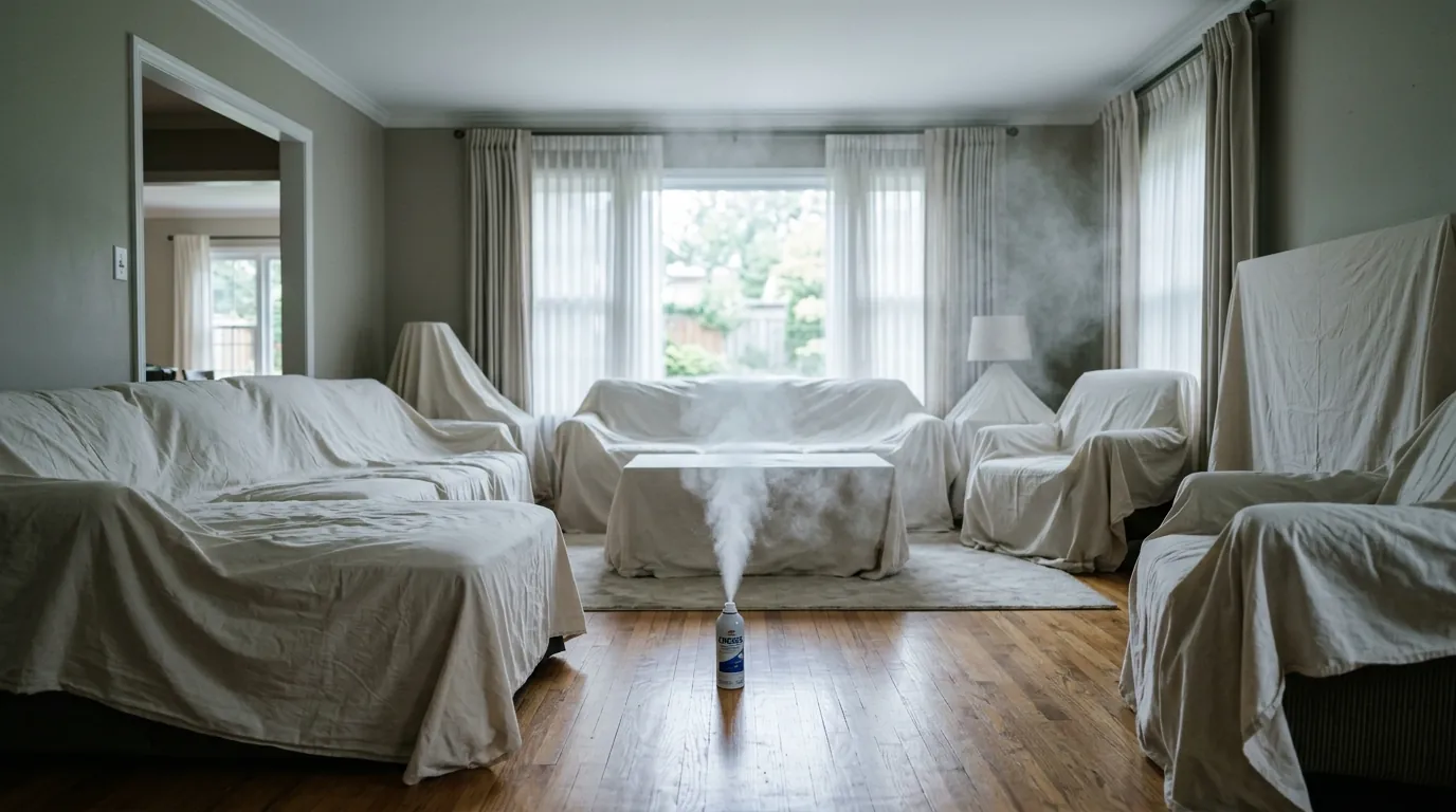 A flea fogger releasing mist to treat a room A flea fogger releasing mist to treat a room
