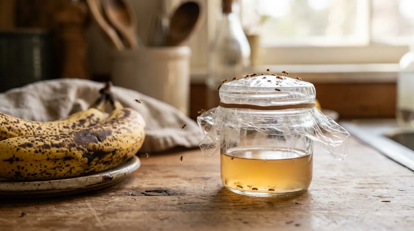 A DIY fruit fly trap set beside ripe bananas