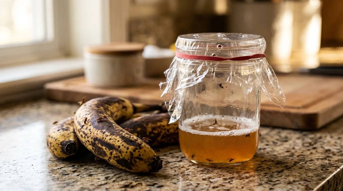 A homemade fruit fly trap baited with banana