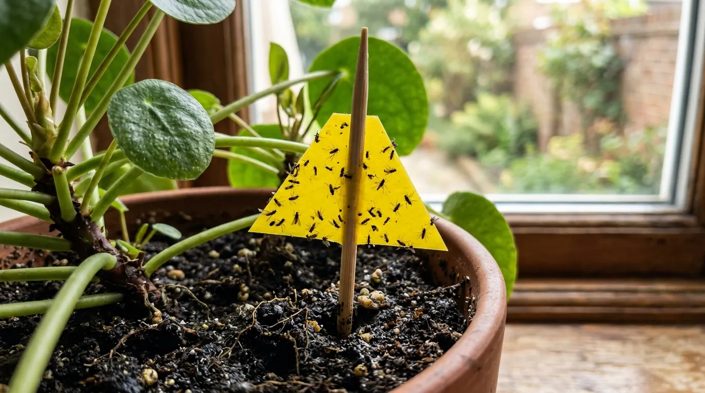 A yellow sticky gnat trap staked in houseplant soil