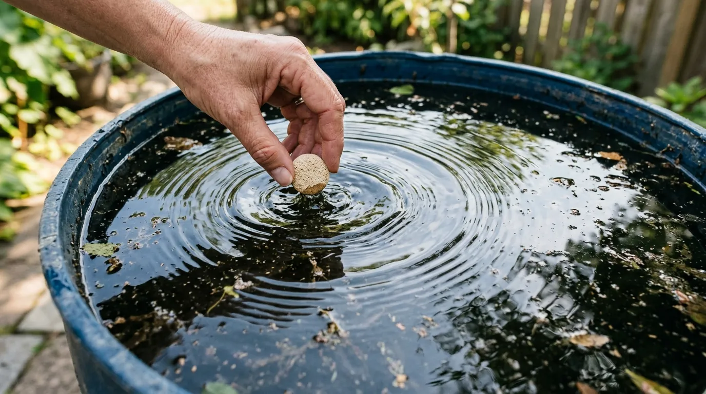 Dropping a mosquito larvicide dunk into standing water
