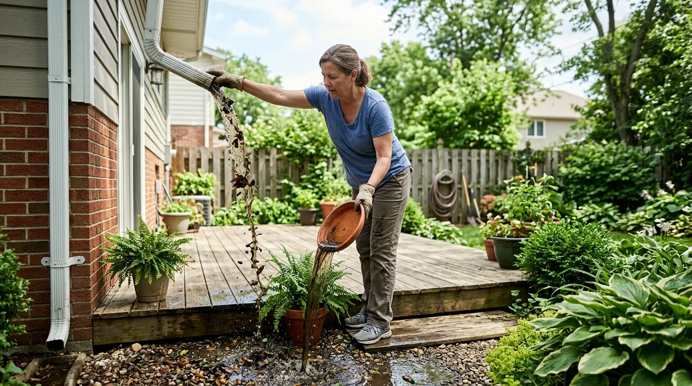 A homeowner tipping out standing water to stop mosquitoes breeding