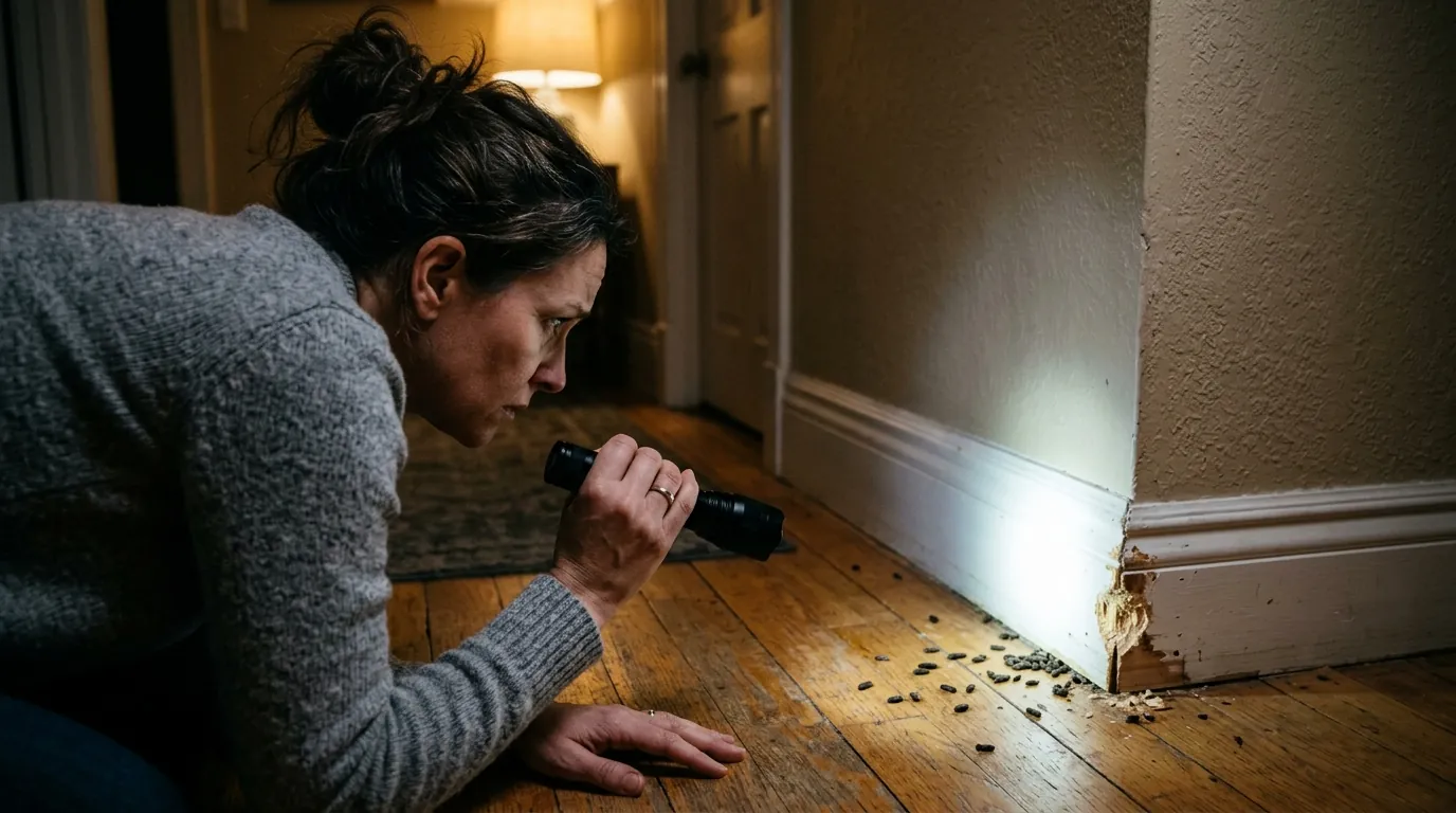 A homeowner examining pest damage at home A homeowner examining pest damage at home