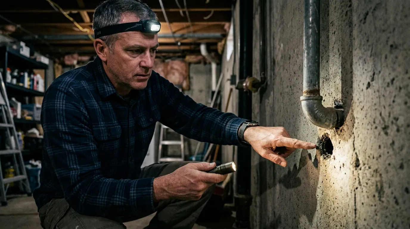 A homeowner pointing at a mouse entry hole A homeowner pointing at a mouse entry hole