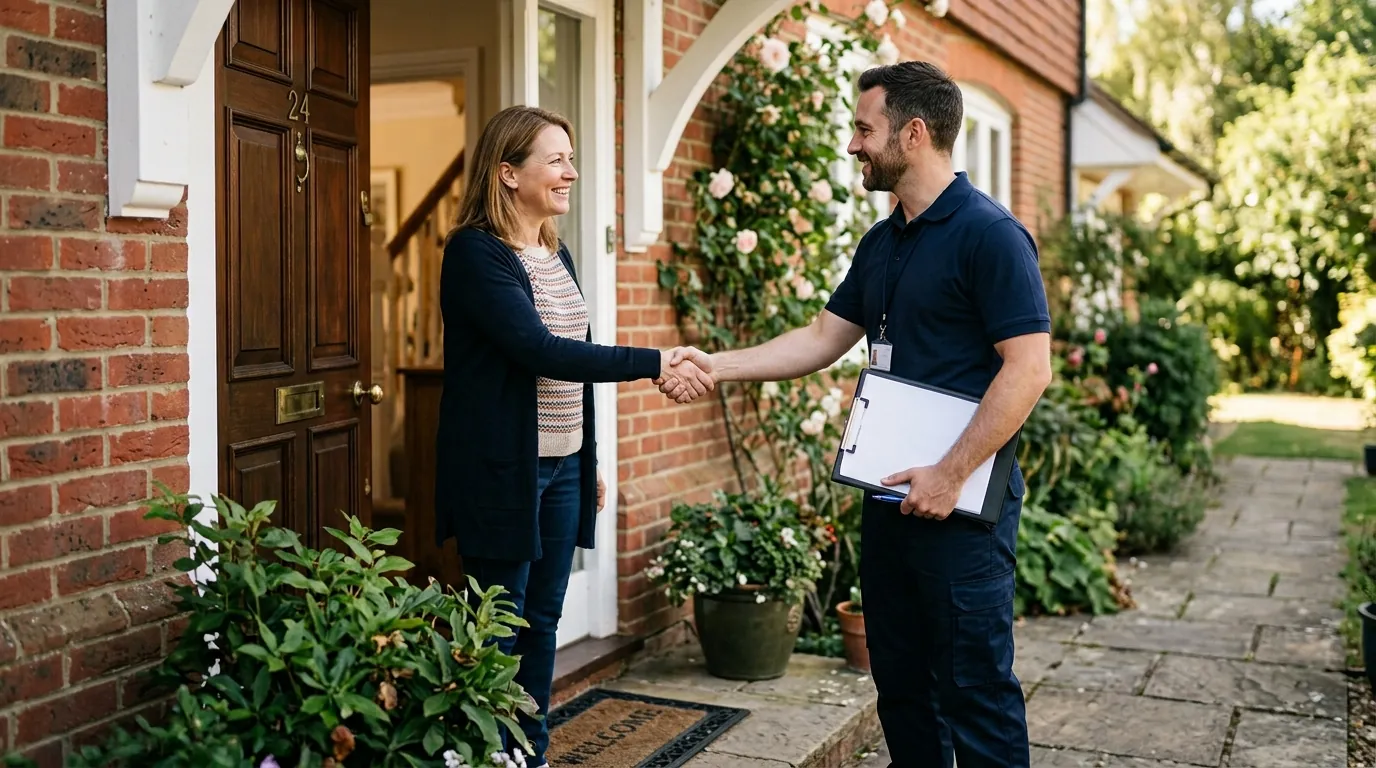 A homeowner shaking hands with a pest control professional