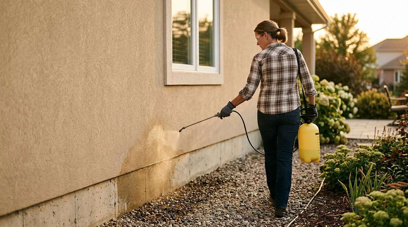 Spraying a residual insecticide along an exterior wall Spraying a residual insecticide along an exterior wall