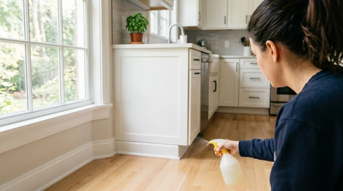 A homeowner spraying insecticide along the baseboards A homeowner spraying insecticide along the baseboards