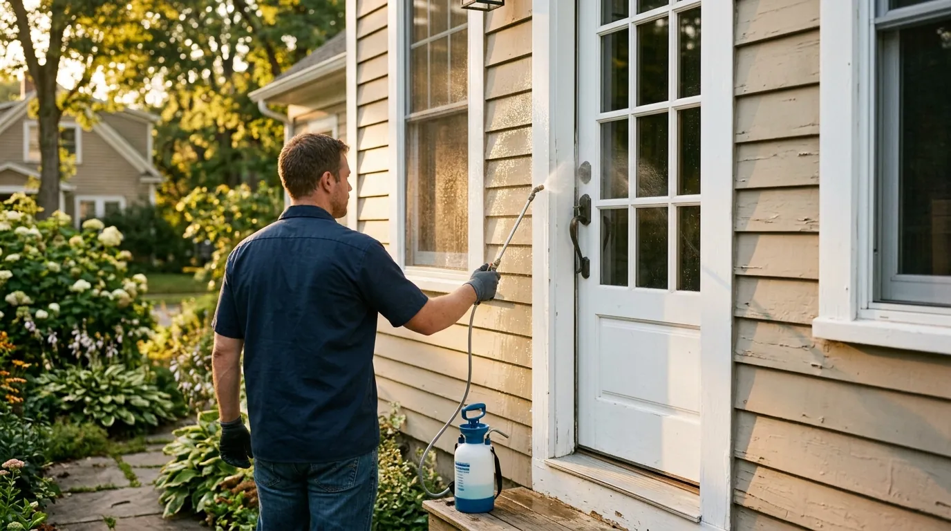 Applying insecticide to a door and window frame Applying insecticide to a door and window frame