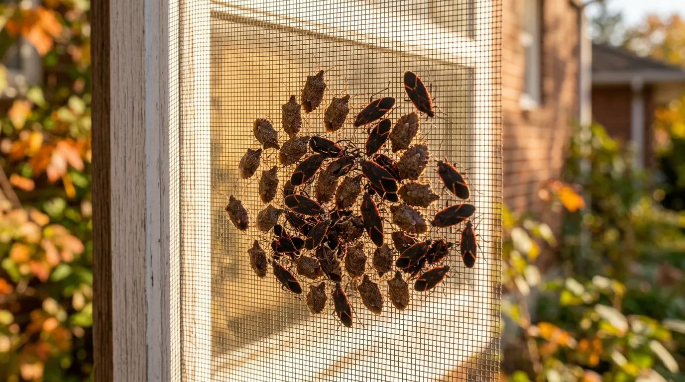 Fall-invader insects clustered on a window screen Fall-invader insects clustered on a window screen