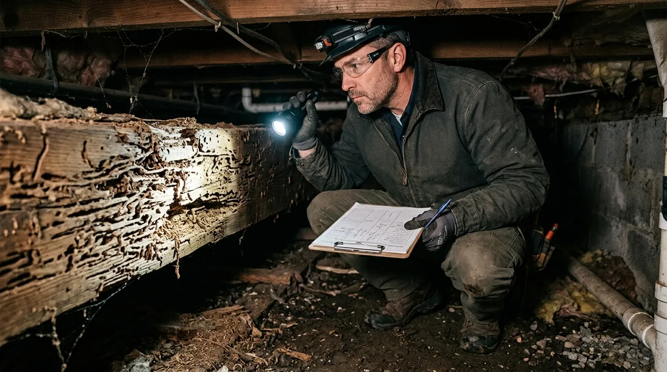 An inspector examining termite damage in timber An inspector examining termite damage in timber