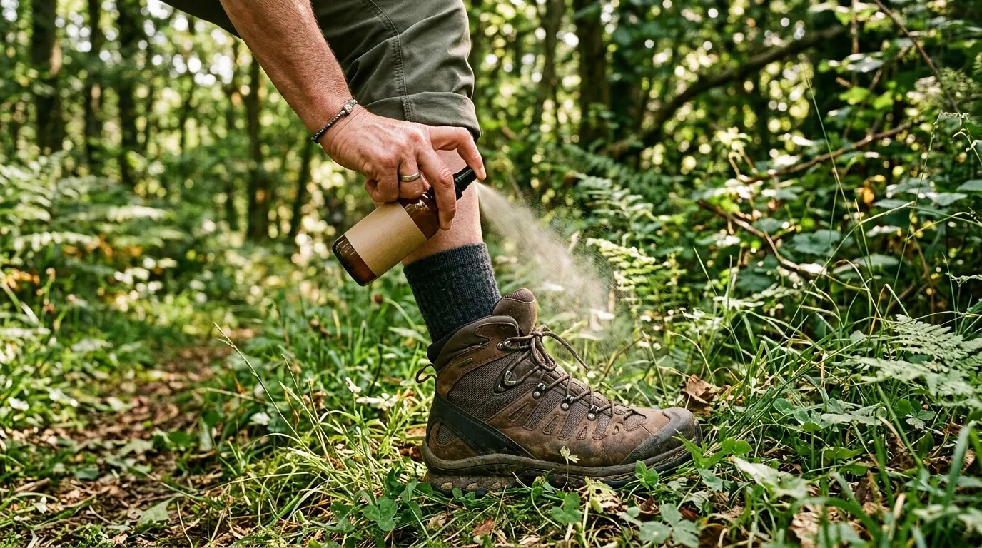 Misting tick repellent onto boots before a hike Misting tick repellent onto boots before a hike