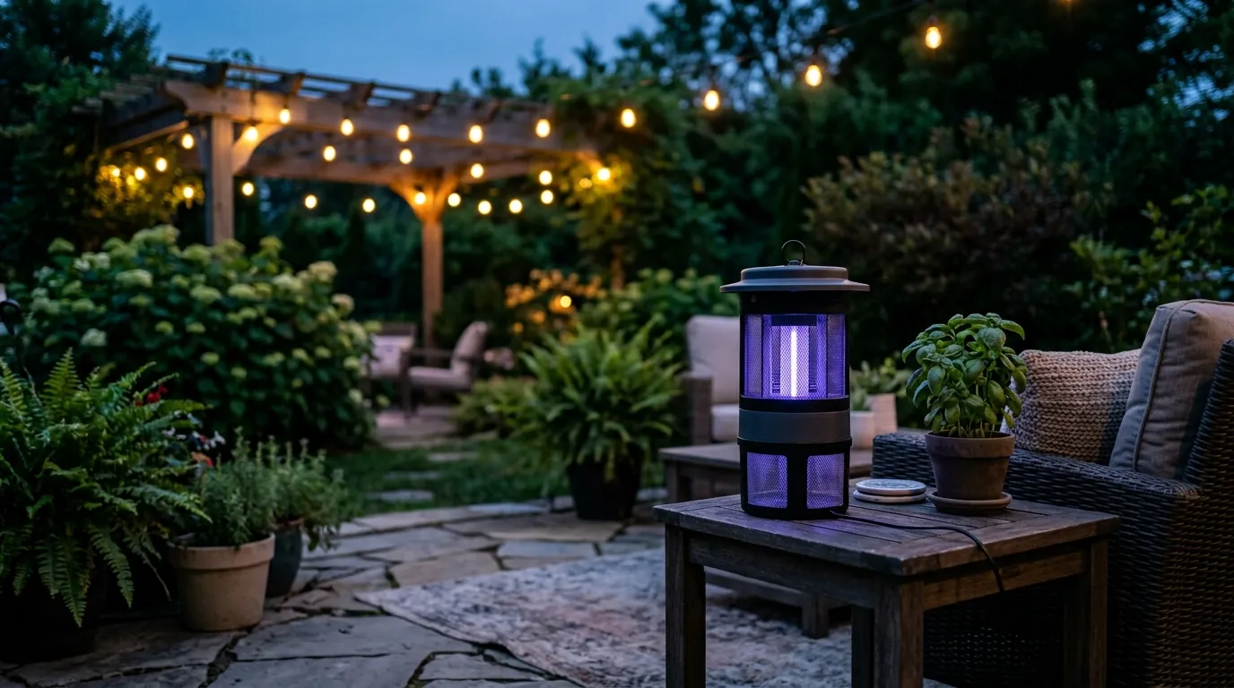 A mosquito trap running on a patio