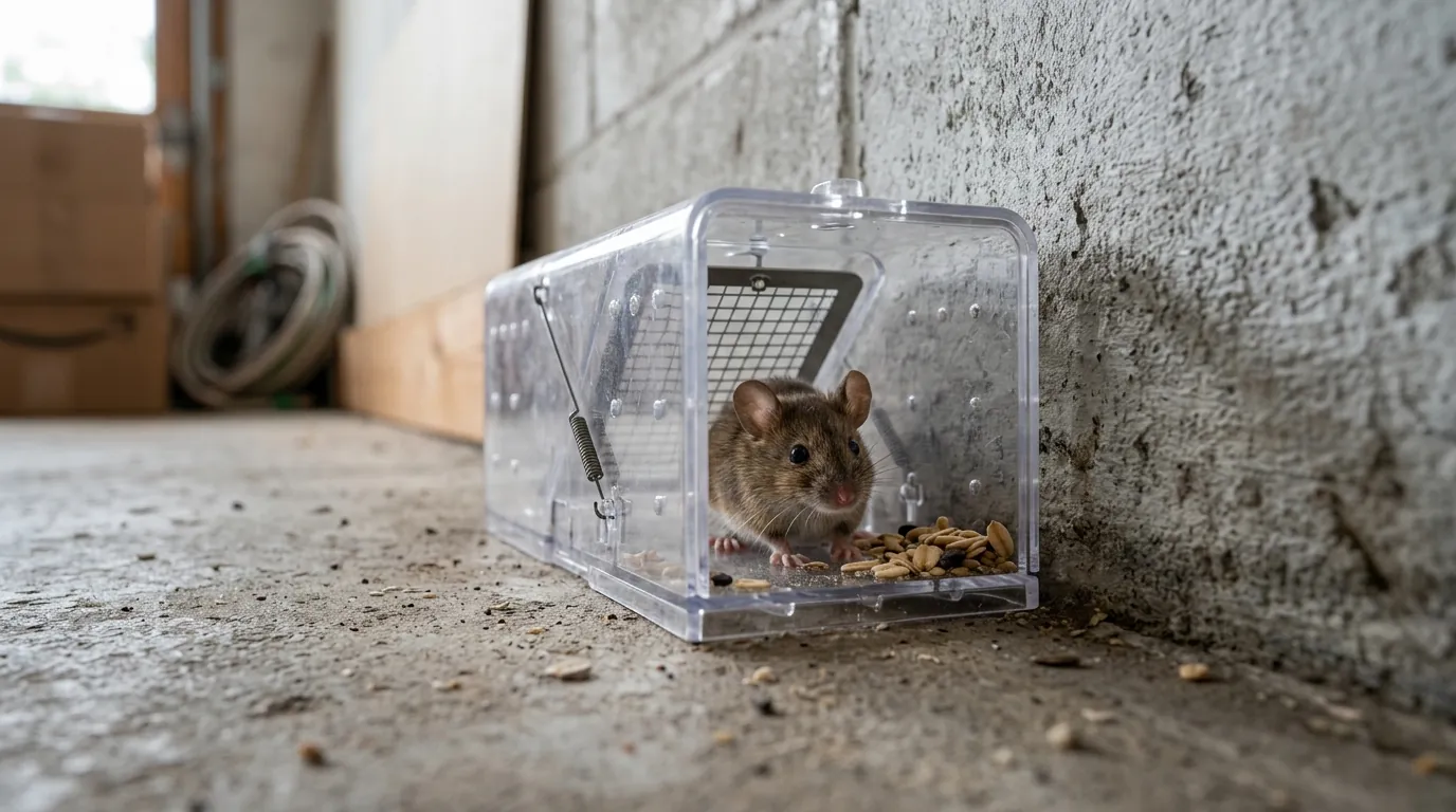 A mouse caught inside a humane live-catch trap A mouse caught inside a humane live-catch trap