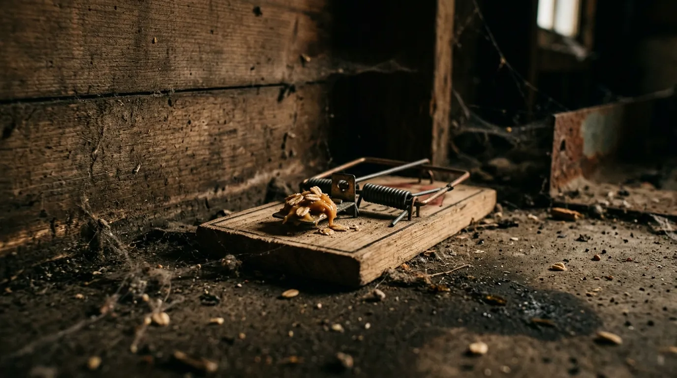 A baited mouse trap set against a wall corner A baited mouse trap set against a wall corner