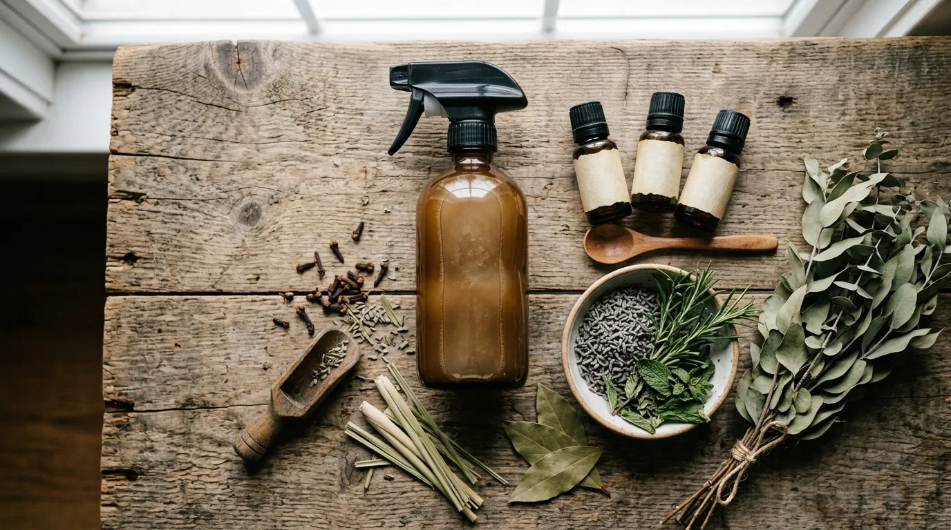 Natural pest-control spray bottles arranged on a counter