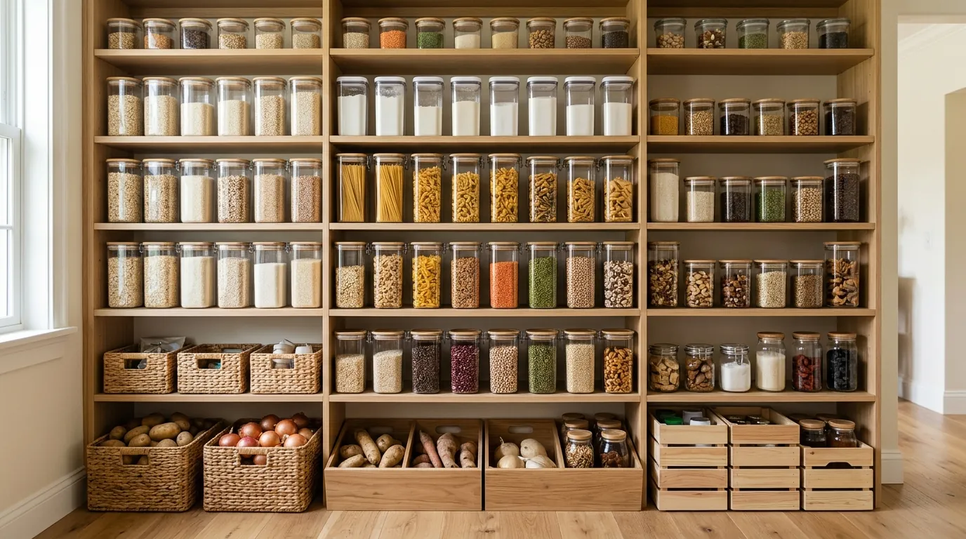 An organized pantry with dry goods in sealed jars An organized pantry with dry goods in sealed jars