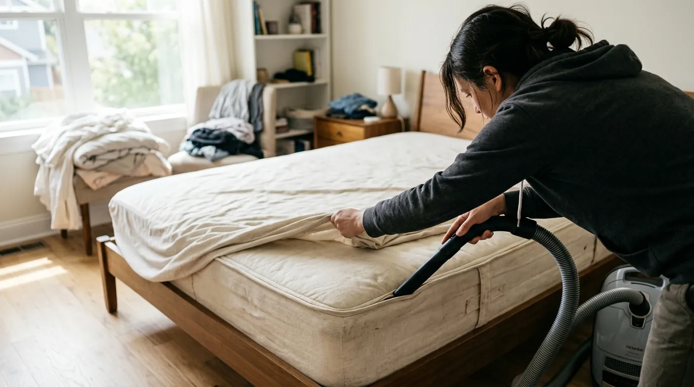 Vacuuming a mattress seam during a bed bug treatment Vacuuming a mattress seam during a bed bug treatment