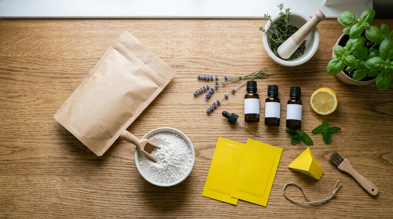 Pet-safe pest-control solutions lined up on a counter Pet-safe pest-control solutions lined up on a counter