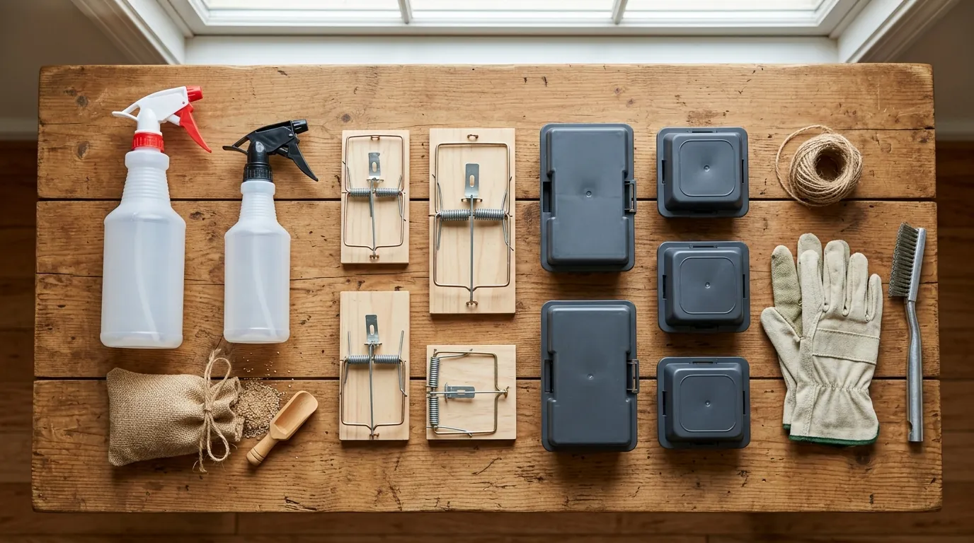 A range of home pest-control products laid out on a table