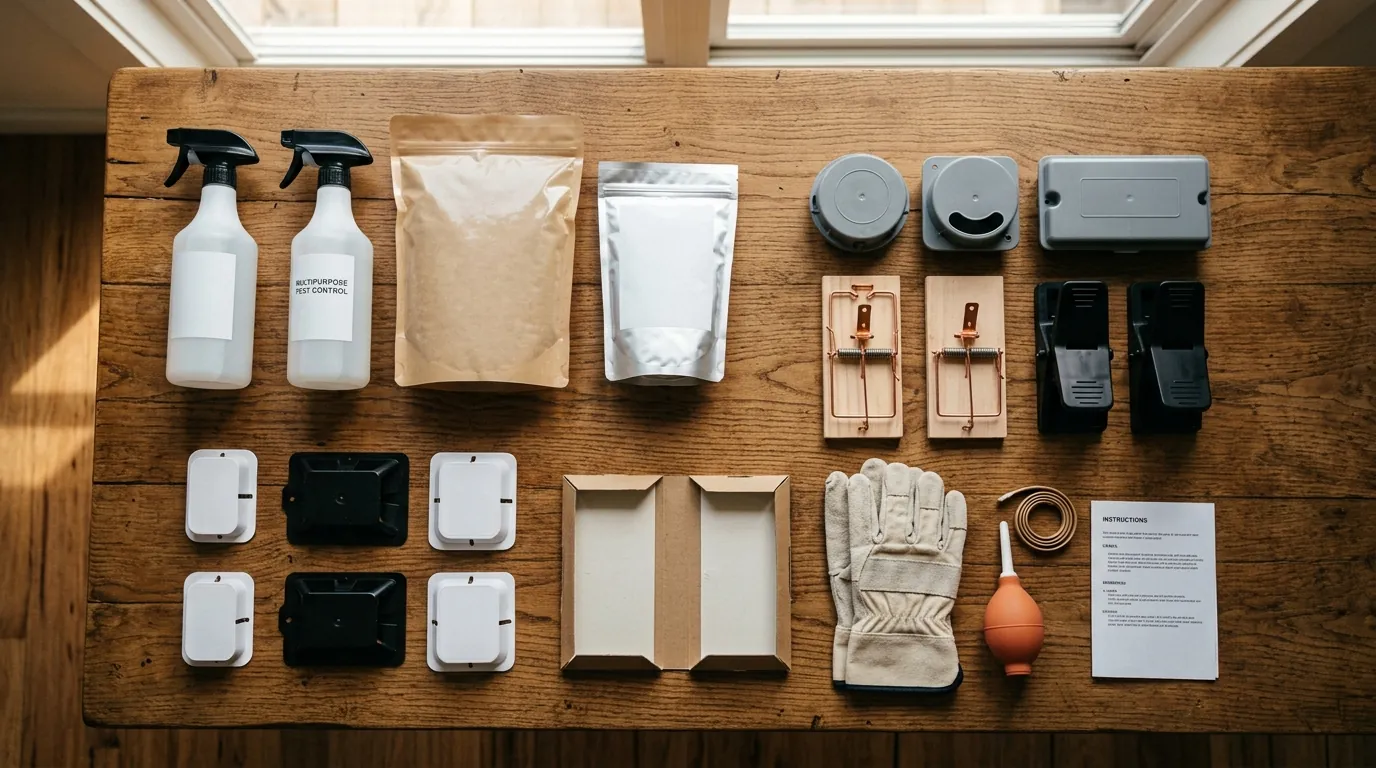 Rodent-control products arranged on a table