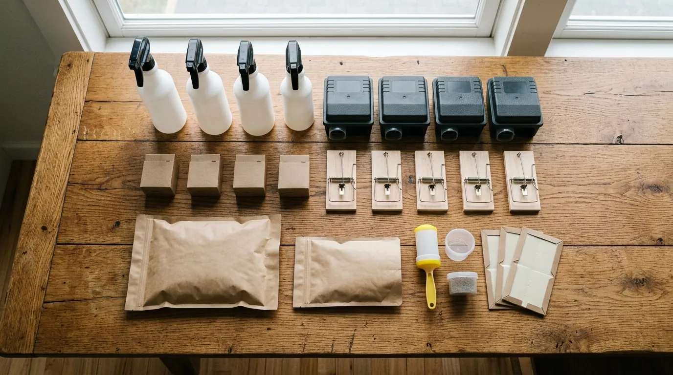 Ant-control products arranged on a table