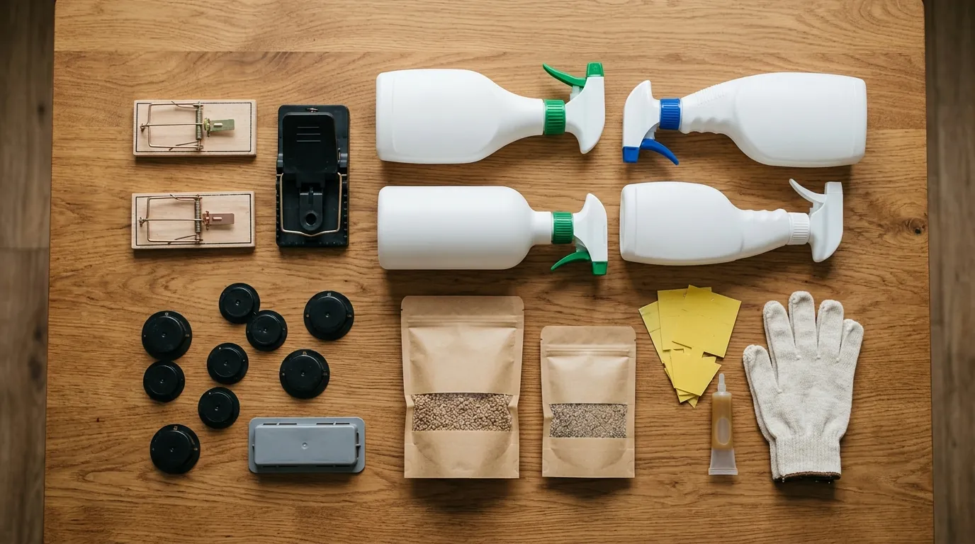 An assortment of pest-control products arranged on a table An assortment of pest-control products arranged on a table