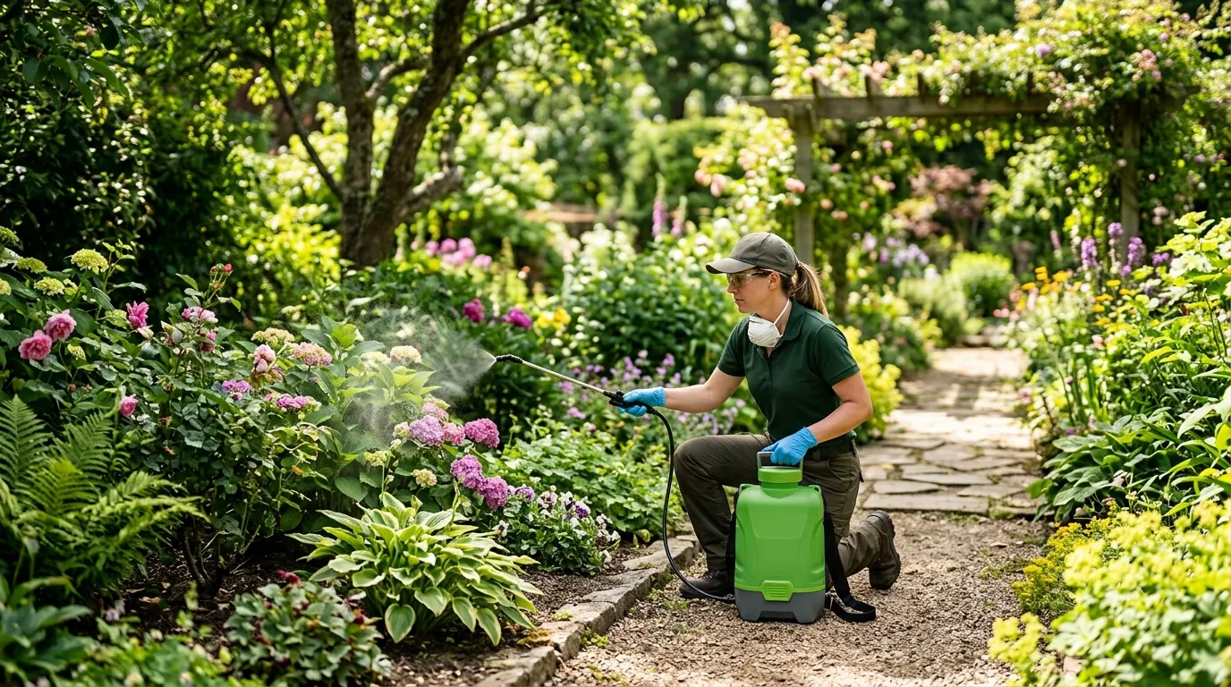 A pest technician applying a plant-safe treatment A pest technician applying a plant-safe treatment
