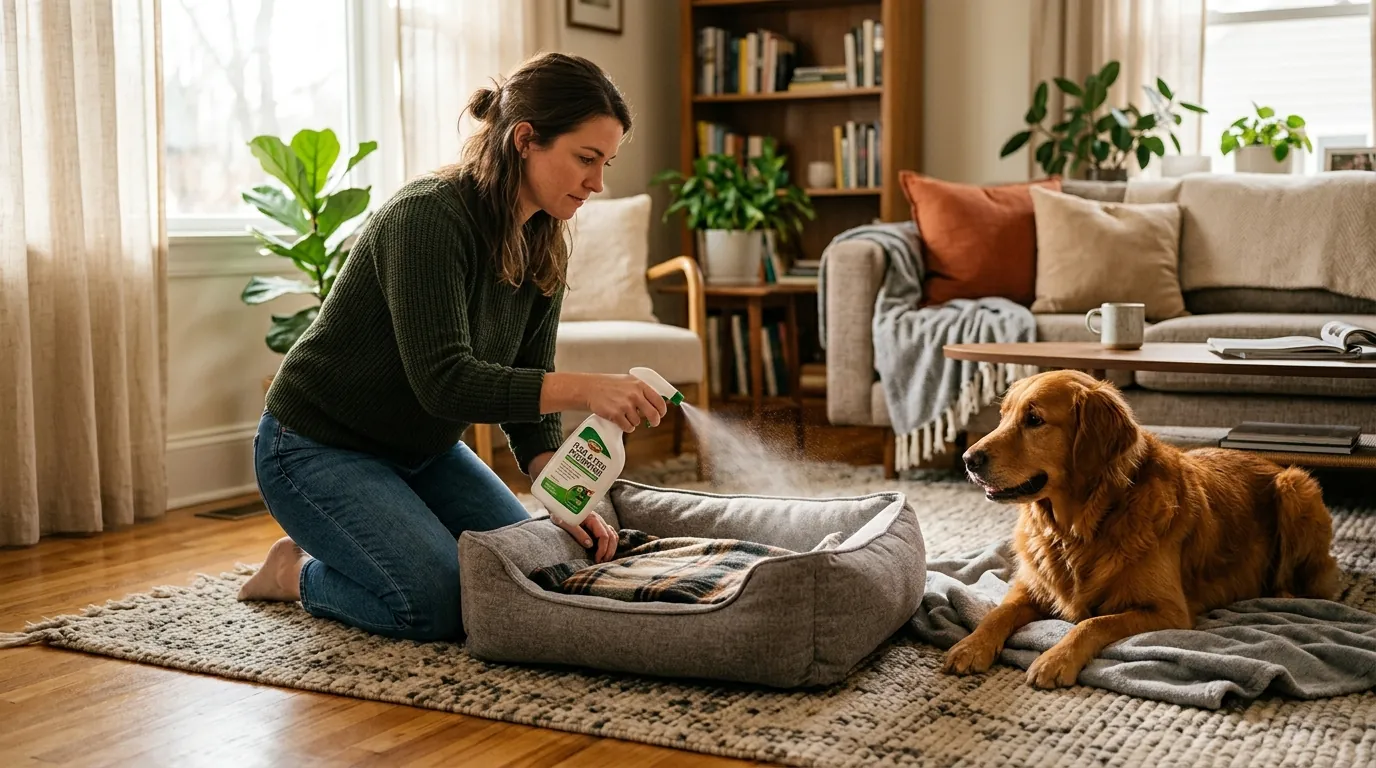 A pet owner treating a pet bed against fleas A pet owner treating a pet bed against fleas