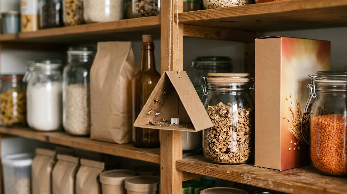 A pheromone pantry-moth trap hanging in a cupboard
