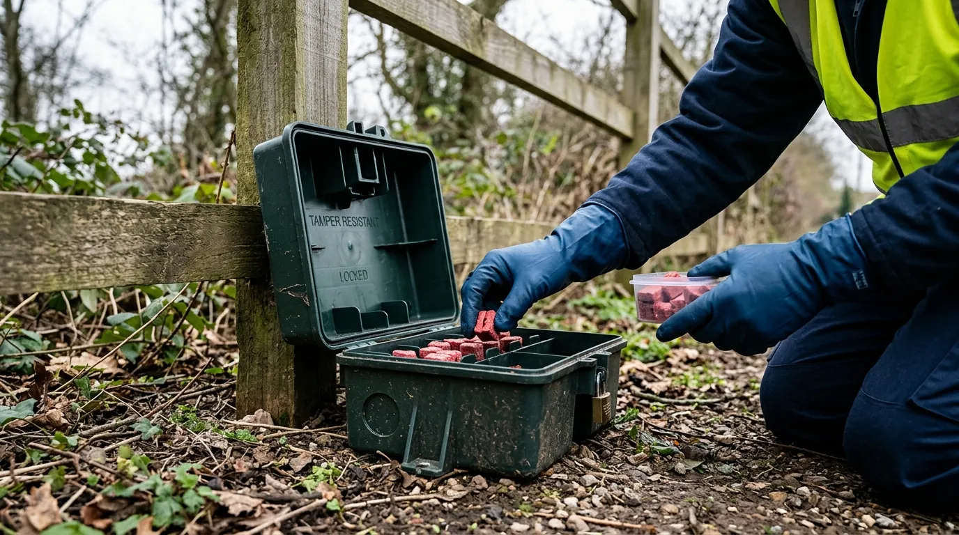 Placing bait blocks inside a tamper-resistant rodent station
