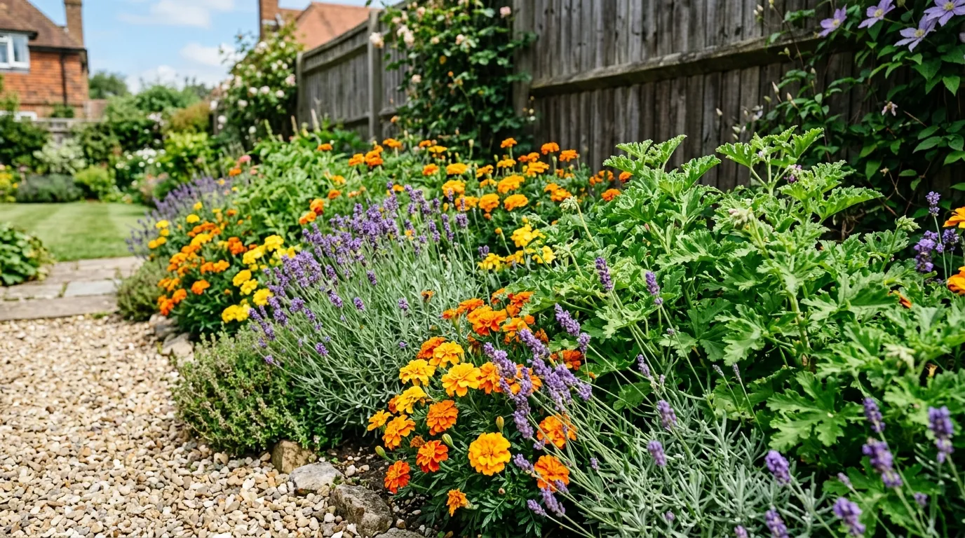Pest-resistant plants growing in a sunny backyard border