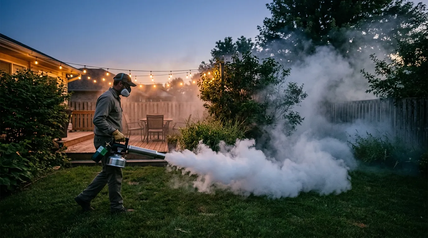 A propane thermal fogger releasing fog across the yard