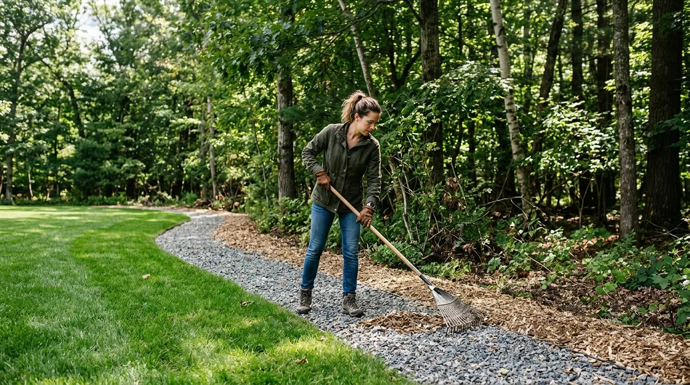 Raking a gravel barrier between lawn and foundation Raking a gravel barrier between lawn and foundation