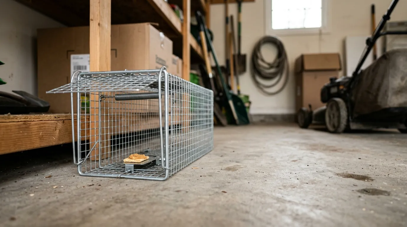 A rat caught in a live cage trap in a garage