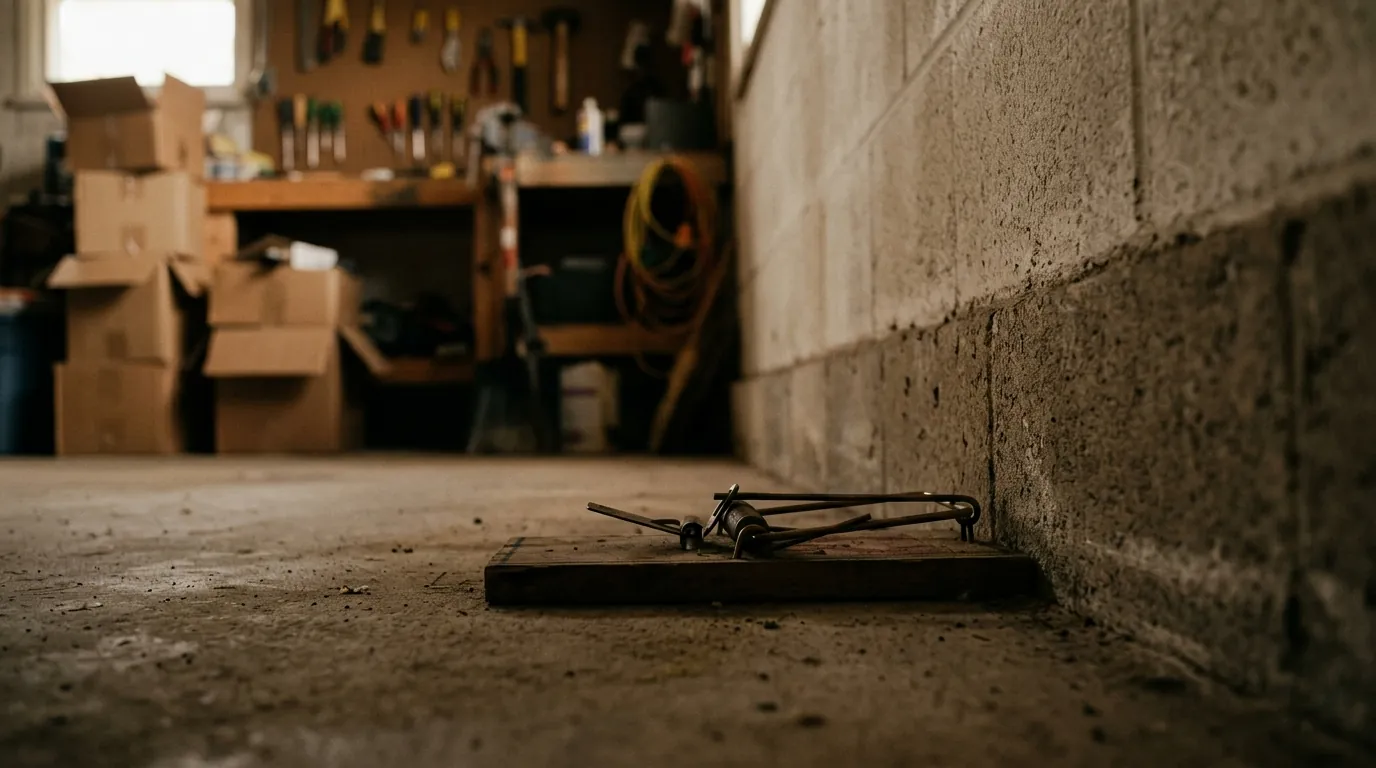 A snap trap set for rats against a garage wall