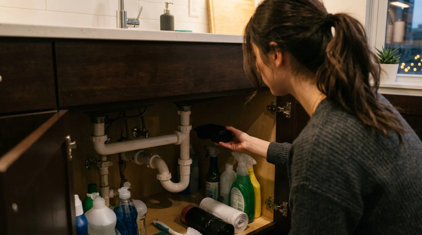 A renter placing pest traps in an apartment