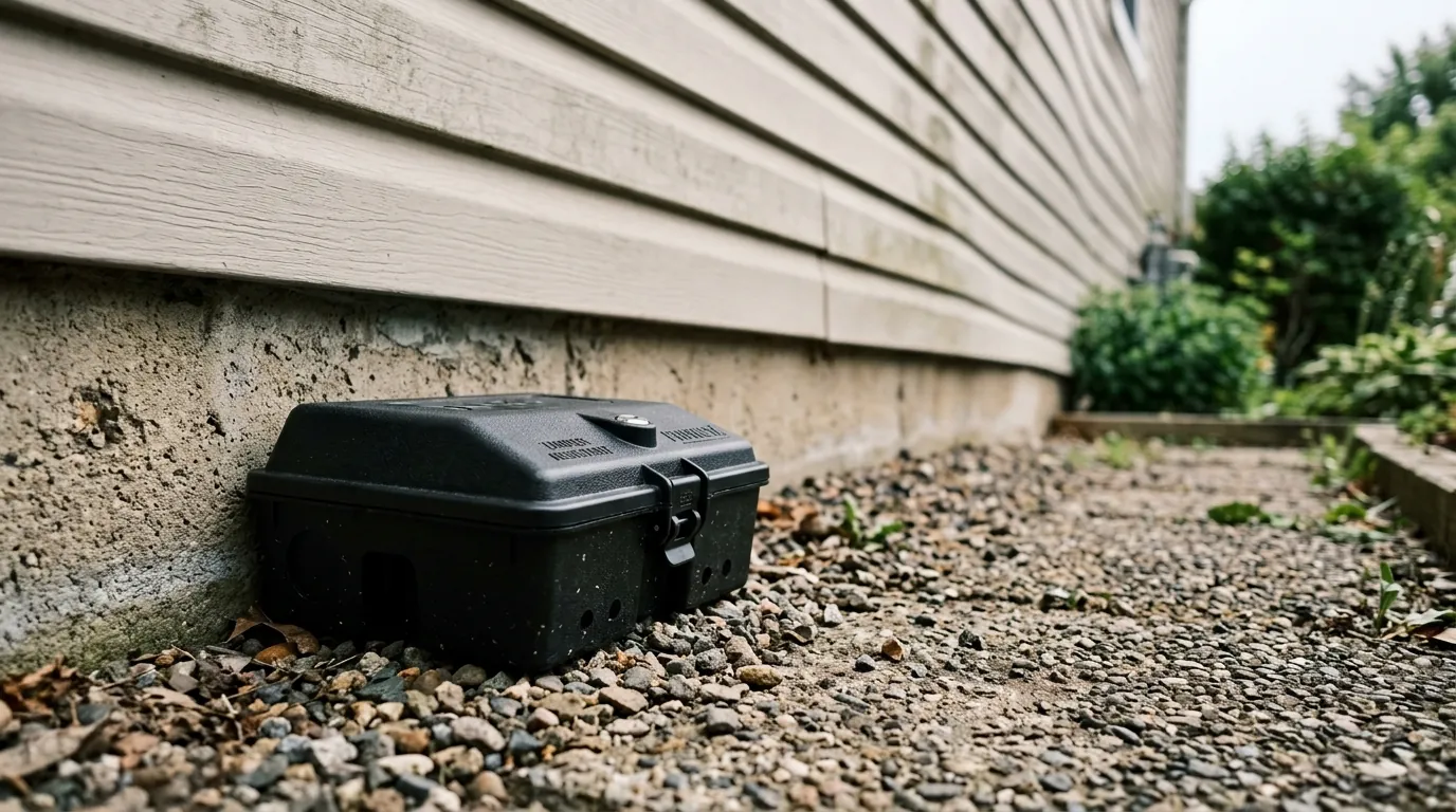 A tamper-resistant rodent bait station set against a wall