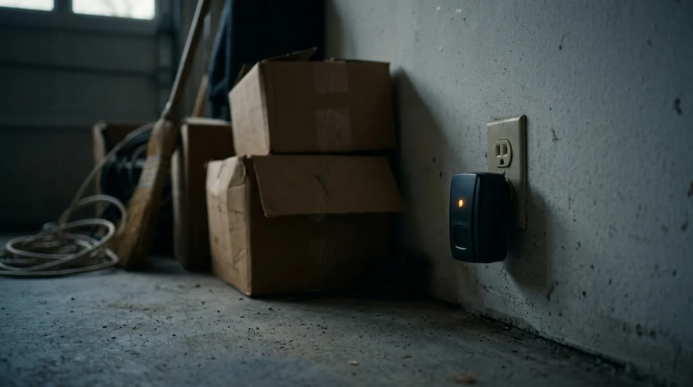 An electronic rodent repeller plugged into a garage corner An electronic rodent repeller plugged into a garage corner